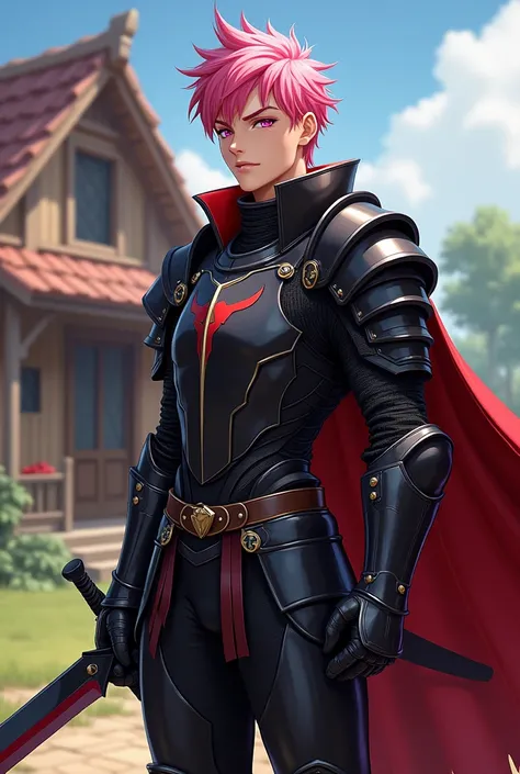 RPG style design. a 20 year old boy, with an athletic body, wearing knight armor. The color of the armor is black, with red details. Her eyes are pink and her hair is the same color. Your skin is clear, with a little tan only. In his left hand he is holdin...