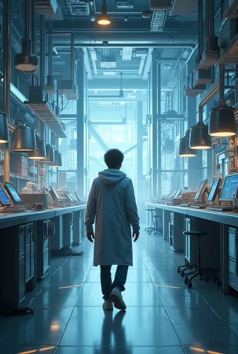 A person enters a laboratory with a lot of technology and computers