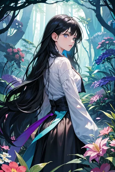 Magic portal in forest. Path with flowers. Girl with very long black hair. Girl wears a flowy skirt. Colorful.  Darker undertones. Wind in hair.  Her back is facing the viewer. She looks at the portal. Lower view looking up. undefined, undefined, undefined...