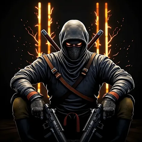 create a logo design style in sports style FREE FIRE, with the word "SHANGUILY", character must be a ninja with two katanas on his back, holding a rifle in his hands, with shock effects around.