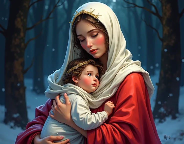 Generate a kawaii pussy, multicolor, polychromatic, abstract, of the Virgin with the child on her lap (white veil, red cloak, white headdress), on a dark background