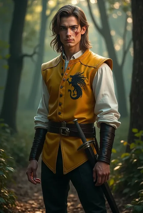 A very handsome, proud and strong young man elf standing in the half-light, warrior, pointed ears, thin lips in a hint of a smile, deep emerald green eyes with a sharp scar over the right eye, light brown medium hair with a dark lock on the right side. Yel...