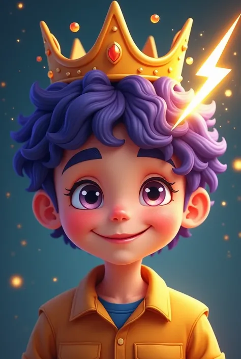 Generates a boy with his face halfway. smiling with eyes that are a sun, He has a lightning bolt on his face, a crown, and short curly purple cartoon hair.