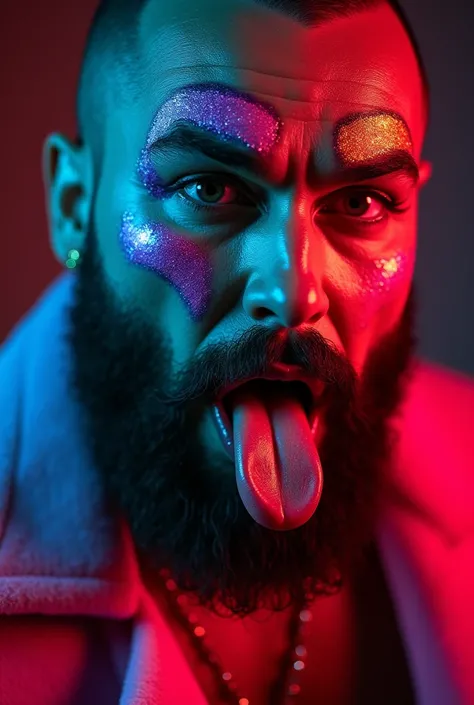 
"A close-up 8K, realistic 3D cinematic photograph of a muscular man with a full beard dressed in a vibrant Drag Queen outfit. The man is staring directly into the camera,showing his entire tongue. His makeup is bold and glamorous, featuring bright colors,...