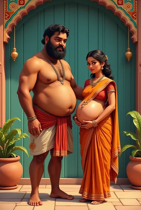 Tamil tanned skin and  chubby and tall and bearded boy in tamil traditional attire dhoti with beautiful pregnant tamil girl with indian traditional attire with tamil traditional background 