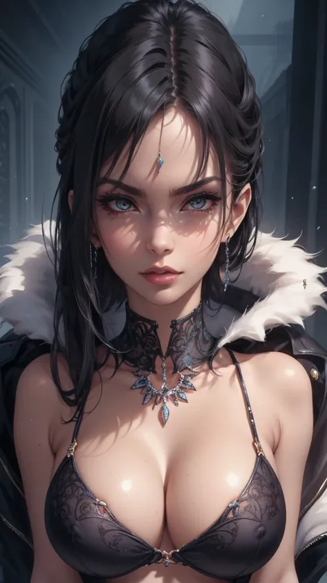 Closeup, Beautiful sexy cool edgy  tall, slim, fit woman, intricate and highly detailed, big firm heavy breasts, deep cleavage, bob hair, body chain, diamond jewelry, sparkly, shiny, wlop, round premium breasts , sexy breasts , amazing boobies