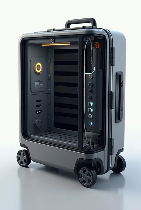  Suitcase with the following characteristics: on the outside, a Deployable and Adjustable Solar Panel and on the inside, a Wireless Charging Port and Multiple Connectors,Integrated Cooling, and waterproof.