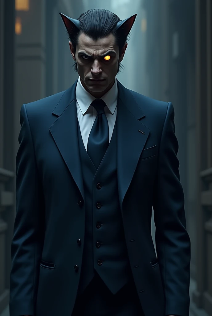 Make a villain who has one cat eye and one not and who is tall with a blue suit