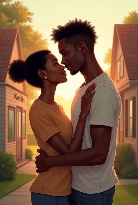 A black couple hugging The girl is brown and the guy is thin, not too big, a bit brainy with hair that is not too long, dressed in a t-shirt, both in their clothes Written at the girl&#39;s house, Kerith, at the boy&#39;s house, Jehovahni 