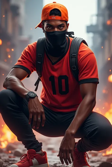 My male character wears an orange cap backwards, wears a black mask over his mouth and wears a red shirt with 10 on it and wears black pants with red and white shoes and is dark-skinned and is from the free fire game