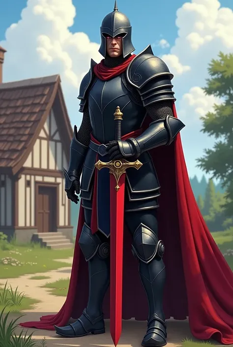 RPG style design. a 20 year old boy, with an athletic body, wearing full knight armor, covering up your face. The color of the armor is black, with red details. From your face you can only see your pink eyes. Your skin is clear, with a little tan only. In ...