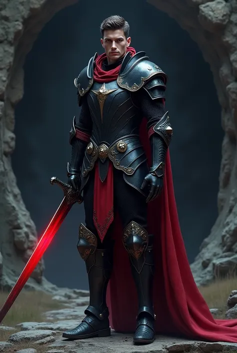 RPG style design. a 20 year old boy, with an athletic body, wearing full knight armor, covering up your face. The color of the armor is black, with red details. From your face you can only see your pink eyes. Your skin is clear, with a little tan only. In ...