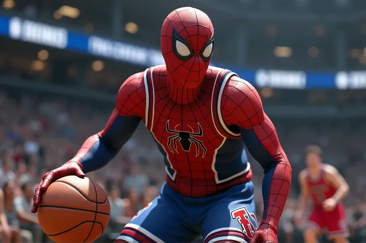 Marvels spiderman playing basketball, dressed in Chicago Bulls uniform, Chicago Bulls jersey, realistic perspective, xbox 360 graphics, surreal realism, emotive realism, eerily realistic   