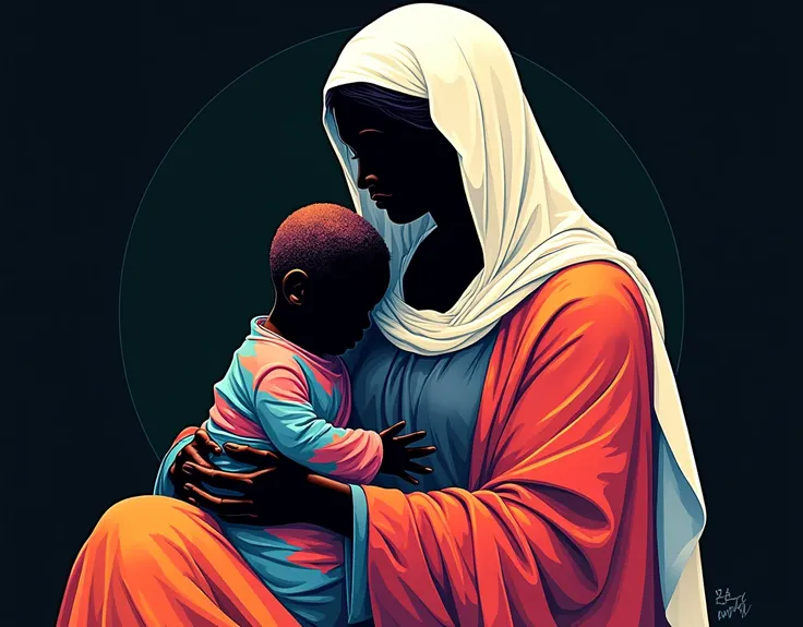 Generate a kawaii pussy, multicolor, polychromatic, abstract, of the silhouette of the Virgin with the child on her lap (white veil, red cloak, white headdress), on a dark background