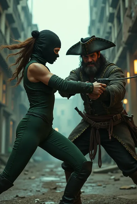 create an image of a female ninja in green clothes and a mask up to her nose fighting a pirate without a mask, but who wears a hat, uses pistol and sword 

