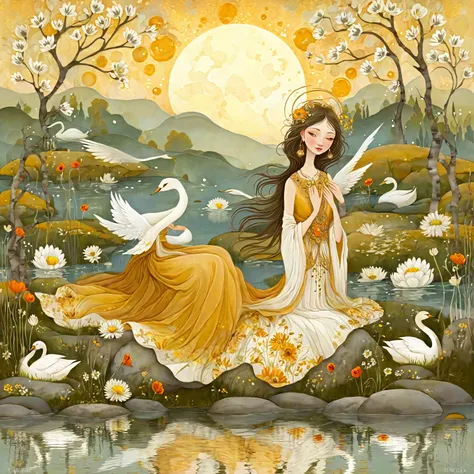 In the style of Albena Vatcheva. stylized figures. Ethereal woman, wearing a wide skirt with flower and leaf motifs, sitting on a rock in the water with swans. In the background a mustard-colored sun, rolling hills, birches, poppy flowers and dandelions bl...