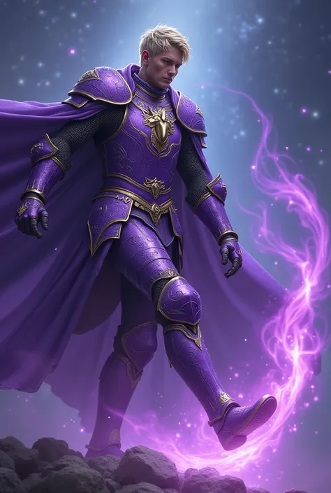 A knight wearing purple metallic medieval armor. A unicorn&#39;s head carved into the chest of the armor. Man with short blond hair. Man is kicking the air and his foot is filled with purple energy. In the sky the Unicorn Constellation shining 