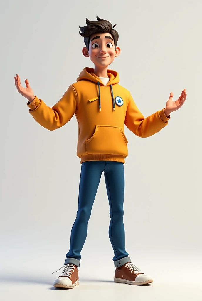 makes a young adult man animated design presenting himself with his different uniforms: teacher, athlete, telecommunications technician and seller of technology items