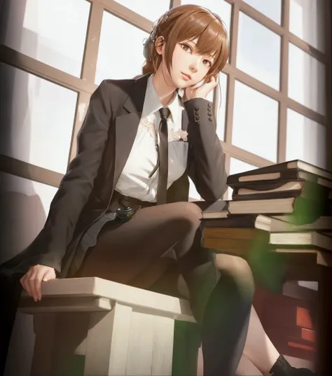 Beautiful anime image of a woman sitting on a table with a book, makoto shinka, fine details. girls frontline, from girls frontline, sayori, iwakura lain, promo art, illustrious makinami, makoto, girls frontline cg, makoto kano, shinkai makoto, visual nove...