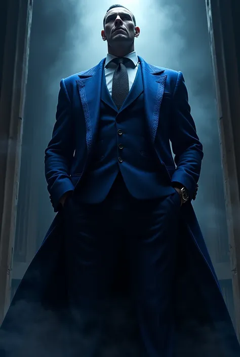 Make a villain who is tall and has a blue suit