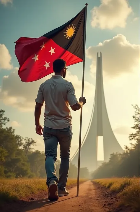 A man walking towards 49th independence and a Papua New Guinea flag in his hand