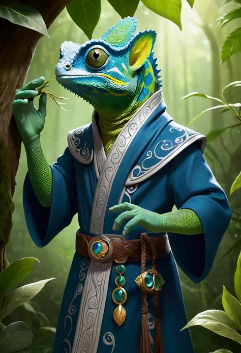 Krizzix, the main character, is a small, anthropomorphic chameleon-like creature with vibrant, green scaly skin. His head is rounded with large, expressive eyes that reflect curiosity and intelligence, typical of a reptilian species. He has a wide, friendl...