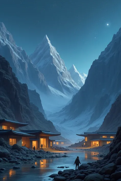 A village in a vast mountain depression。
The sky is starry、The mountain is sharp。Villages advance their own civilization、A row of buildings reminiscent of the year 2035。