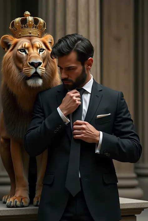 A man in a suite with a cup bow his head down holding his tie and in a side lion standing in a crown with gold