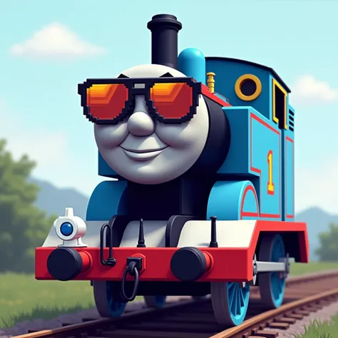 Thomas the dank engine wearing pixelated shades 