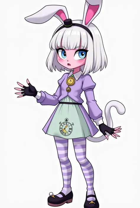 Imagem da filha da Kitty Cheshire e da Bunny Blanc de Ever After High: A teenage girl with short straight white hair to her shoulders with bangs, bunny ears with a very small black hat headband with a gold watch, blue eyes with cat pupils, Pink skin, sharp...