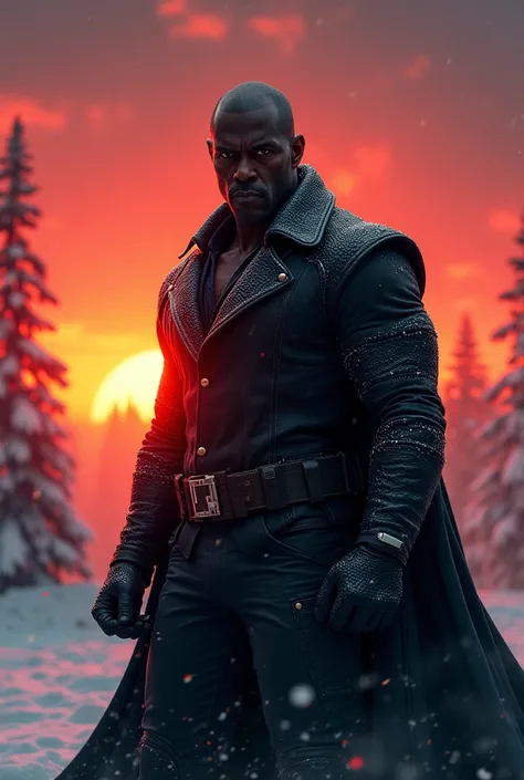 Blade from marvel comics, suset background in the snow