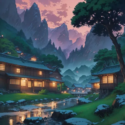 Anime scenario of a mountain village with a stream and a bridge, Anime rural landscape, anime landscape, beautiful Anime scenario, anime background art, Anime scenario, anime landscape wallpaper, japanese village, andreas rocha style, Anime scenario concep...