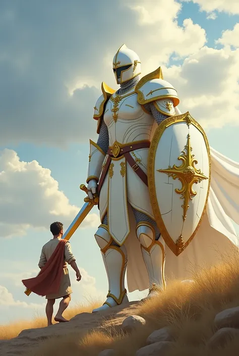 Warrior dressed in white and gold, with golden sword and white shield with golden edges, hand shield to average man climbing hill.