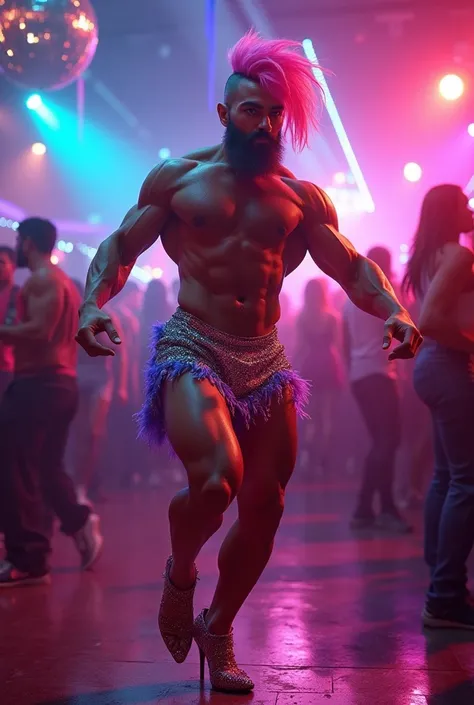 "Create an 8K hyper-realistic 3D photograph of a muscular man with a thick beard, dressed as a glamorous Drag Queen, dancing energetically in a vibrant nightclub. The man has strong, defined muscles, wearing bold, flamboyant makeup with dramatic eyeliner a...