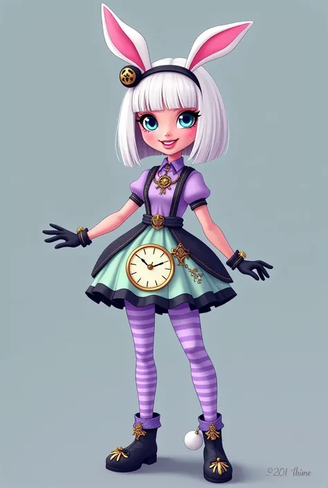 Imagem da filha da Kitty Cheshire e da Bunny Blanc de Ever After High: A teenage girl with short straight white hair to her shoulders with bangs, bunny ears with a very small black hat headband with a gold watch, blue eyes with cat pupils, Pink skin, lilac...