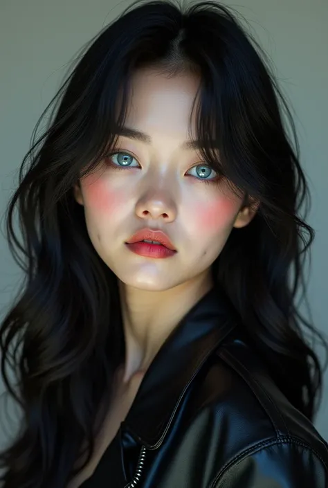 South Korean girl, young, Long hair, blue eyes, young, black hair, Tez blanca, small, upturned nose, Without dark circles, without wrinkles, textured skin, UHD, Very detailed, high quality, High details, quality, The best quality, Awarded many times, HD Mo...