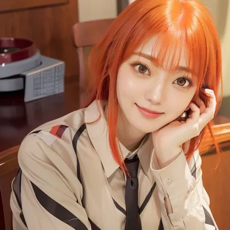 Beautiful girl with red hair and a tie sitting at a table, todays feature still, ( ( ( yoshinari yoh ) ) ), cute girl, close up iwakura lain, kurisu makise steins gate , still from tv portrait of shiina ringo, serene smile, official studio still