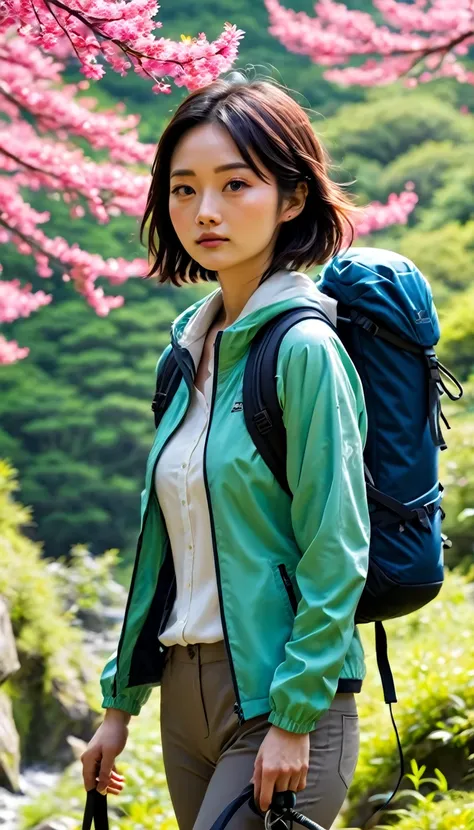 title: 山を目指すwoman

シーンの設定:

place: Lush mountainside、Tall trees around々Colorful flowers are blooming。
time zone: Bright daylight、Blue sky spreads out、Sunlight on trees々Inserted between。
character:

woman: Hiking boots、Water-resistant pants、軽量のジャケットを着たwoman...