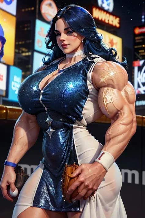 (Close-up), tall, (royal blue hair) beautiful muscular woman, long curly wavy hair, pale white skinned, (closed smile), large breast, (black lipstick), (massive muscles), (hyper muscle), (((ginormous bulky muscles))), white eyes, ((((sparkly sleeveless roy...