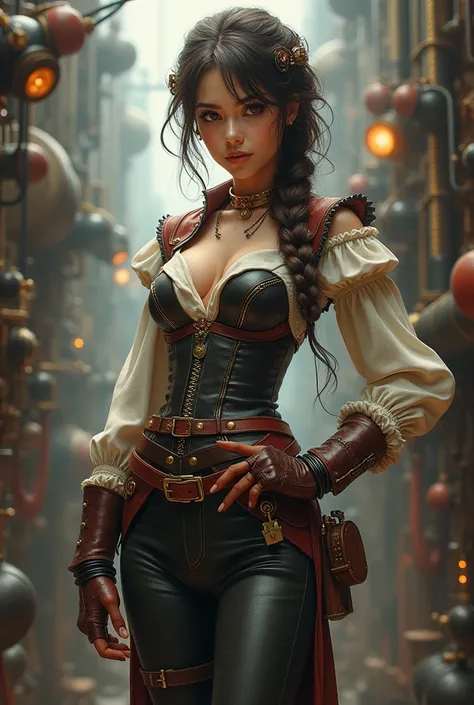 Ultra Resolution, Ultra detail, 8k , HDR, Ultra sharp,((top-quality)), ((​masterpiece)), ((realisitic)), (detailed), Reflective,there is a woman in a steam punk outfit posing for a picture,Full Body, steampunk fantasy style, steampunk girl, steampunk inven...