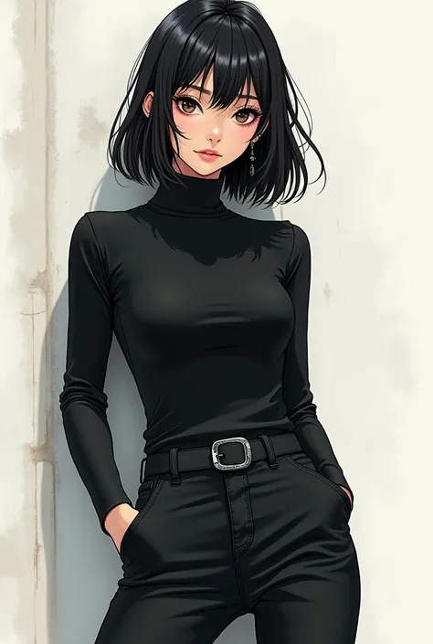 Anime-like、Japanese women、Black turtleneck sweater、Skinny jeans