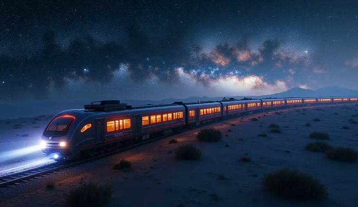 Train-shaped spaceship,10-car train,(comely機体:2.0),(The background is outer space and the Milky Way:1.6),work of art,highest quallity,ultra-high resolution,(super verbose),8k,realisitic,better aesthetics,comely,(dynamic)