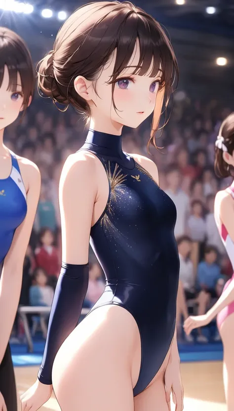 expensivequality illuStration, masterpiece, Very delicate and beautiful, Attractive girl,(Gymnastics leotard,Tight leotard,length_Leotard with sleeves,expensive_Leg leotard,athletic leotard), Audience reaction,thin,Slender body,slim,expensive School,Gym,Gy...