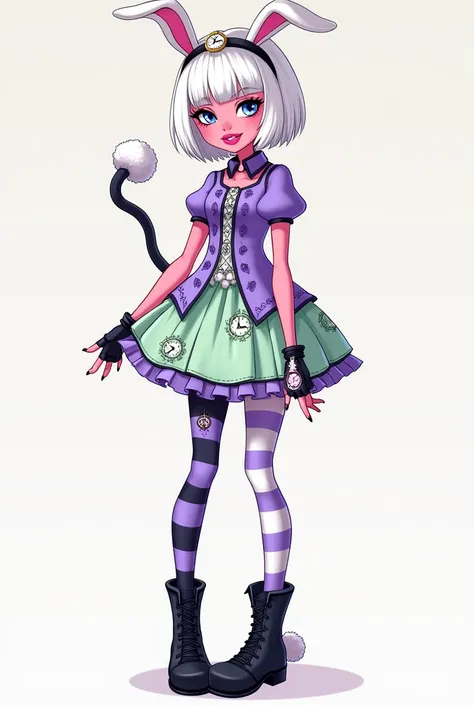 Imagem da filha da Kitty Cheshire e da Bunny Blanc de Ever After High: A teenage girl with short straight white hair to her shoulders with bangs, bunny ears with a very small black hat headband with a gold watch, blue eyes with cat pupils, Pink skin, lilac...