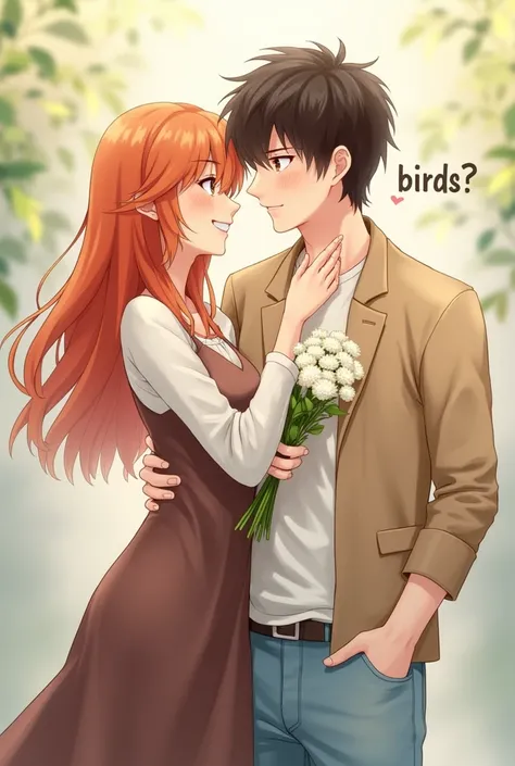 A young couple is standing, close to each other. The girl, with orange hair and a long brown dress over a white shirt, holds a bouquet of white flowers. She is gently touching the boy&#39;s face, who has dark hair and wears a white t-shirt, beige jacket an...