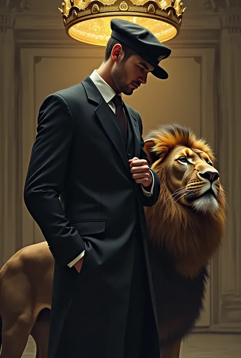 A man in a suite with a cap bow his head down holding his button and lion in a side standing in a gold crown keeping his hand on a lion back