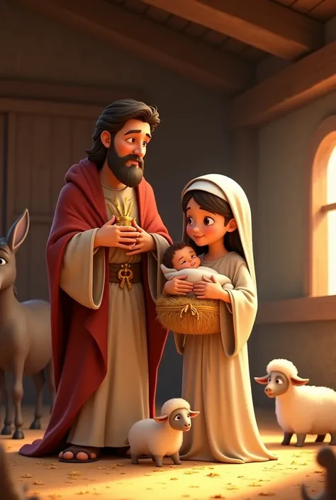 Create a Pixar-style image of the Holy Family for children