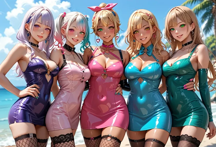 Score_9, score_8_up, score_7_up, score_6_up, rating:safe, (4girls), looking at viewer, detailed eyes, blush, multiple girls, vtuber, virtual youtuber, multicolored hair, standinglineup, line up, side by side, take your pick, gyaru, bodycon, shiny dress, cl...