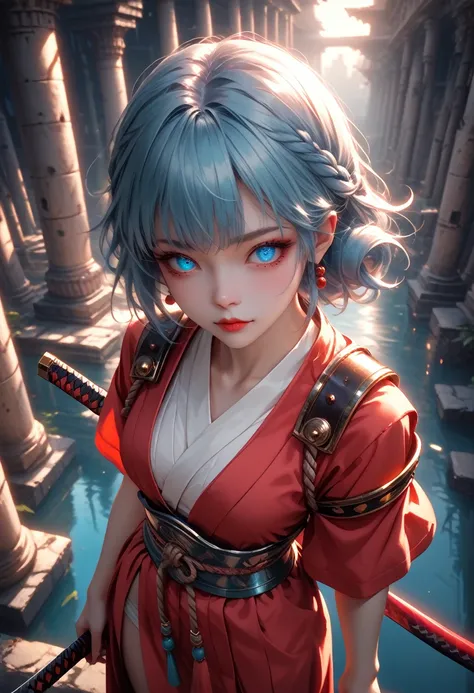 Girl 1, guerrero, holding a katana in his hand, Katana Emits a Sharp Blue Glow, Beautiful figure, Samurai, Intertwined Rope Belt, light armor, There is an Oni mask hanging from the Belt, bright lilac eyes, by the wide, two color hair (Red and Series), deve...