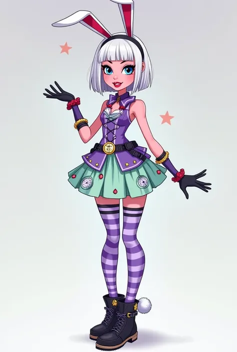 Imagem da filha da Kitty Cheshire e da Bunny Blanc de Ever After High: A teenage girl with short straight white hair to her shoulders with bangs, bunny ears with a very small black hat headband with a gold watch, blue eyes with cat pupils, Pink skin, lilac...